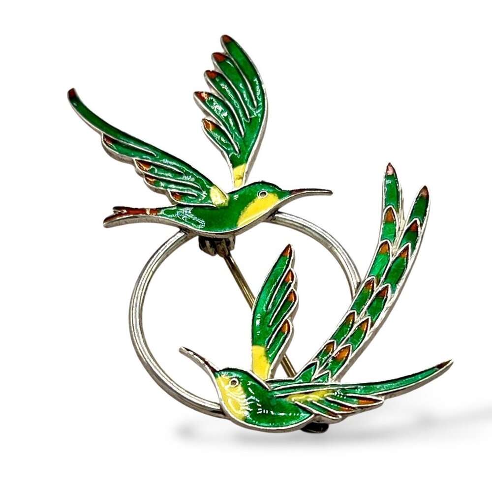 A. DRAGSTED Denmark Sterling Silver Enamel Hummingbirds Bird Brooch Pin 1950s